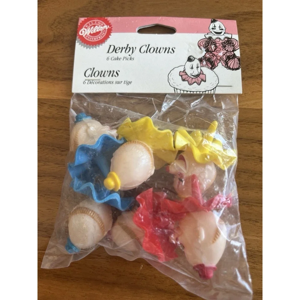 Vintage 1998 Wilton 6pk Derby Clown Decorative Cake Cupcake Picks Toppers NEW
